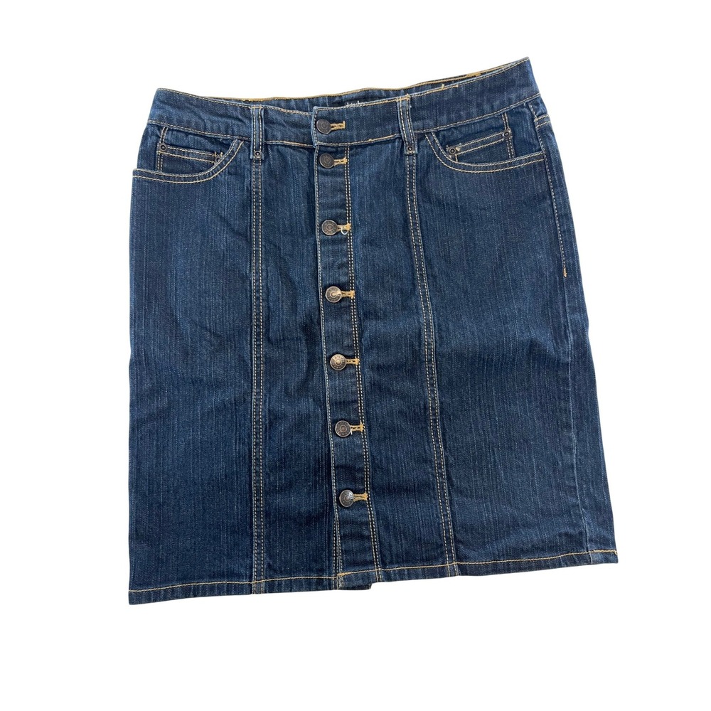 Daisy Fuentes Womens Button Front Denim Skirt Dark Wash Blue Size 6 Mini Stretch